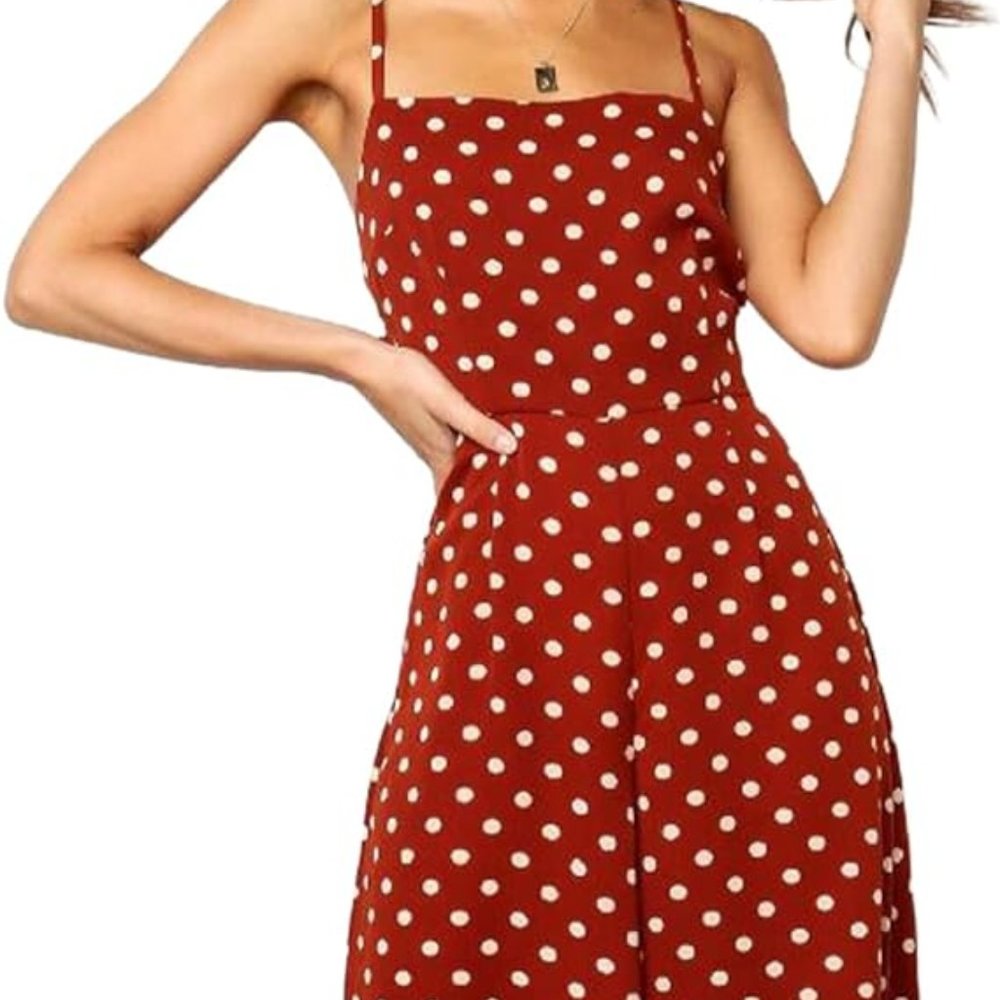 Polka Dot Printed, Bandage Waist, Wide Leg Pants Romper, Adjustable Strapes
